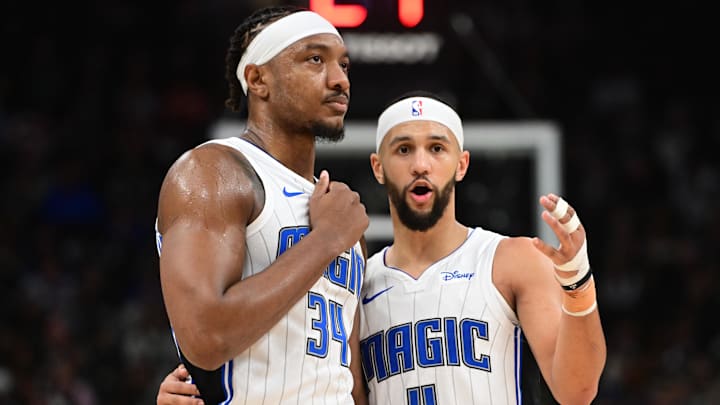 Orlando Magic center Wendell Carter Jr. (34) and Orlando Magic guard Jalen Suggs (4) talk in the third quarter against the Milwaukee Bucks at Fiserv Forum. Orlando Magic center Wendell Carter Jr. (34) and Orlando Magic guard Jalen Suggs (4) talk in the third quarter against the Milwaukee Bucks at Fiserv Forum.