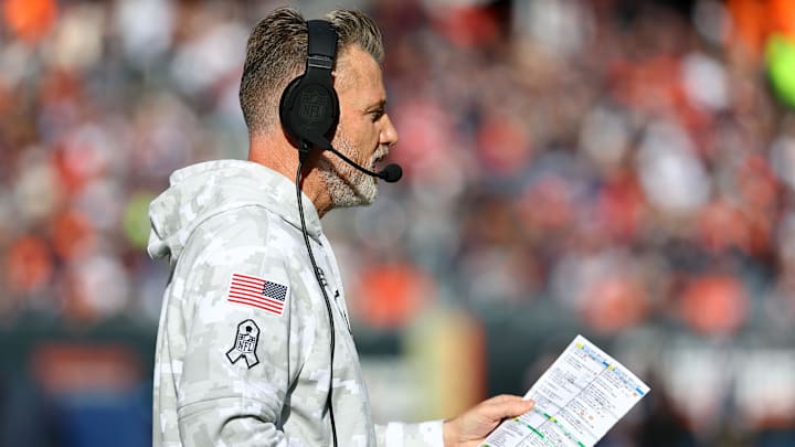 Nov 10, 2024; Chicago, Illinois, USA; Chicago Bears head Coach Matt Eberflus during the third quarter against the New England Patriots at Soldier Field. Mandatory Credit: Mike Dinovo-Imagn Images