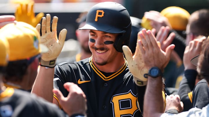 Mar 1, 2026; Jupiter, Florida, USA; Pittsburgh Pirates shortstop Konnor Griffin (75) celebrates after hitting a two-run home run against the St. Louis Cardinals during the first inning at Roger Dean Chevrolet Stadium. Mandatory Credit: Sam Navarro-Imagn Images