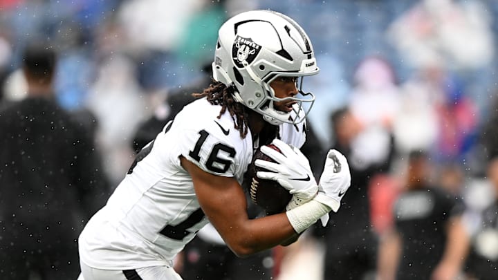 Sep 7, 2025; Foxborough, Massachusetts, USA; Las Vegas Raiders wide receiver Jakobi Meyers (16) practices before the game at Gillette Stadium. 