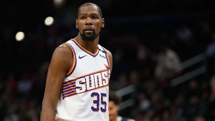 Jan 16, 2025; Washington, District of Columbia, USA; Phoenix Suns forward Kevin Durant (35) looks on during the first quarter against the Washington Wizards at Capital One Arena. Mandatory Credit: Reggie Hildred-Imagn Images
