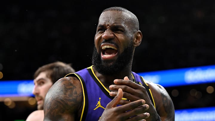 Mar 8, 2025; Boston, Massachusetts, USA; Los Angeles Lakers forward LeBron James (23) reacts after a non-call against the Boston Celtics during the second quarter at the TD Garden. Mandatory Credit: Brian Fluharty-Imagn Images