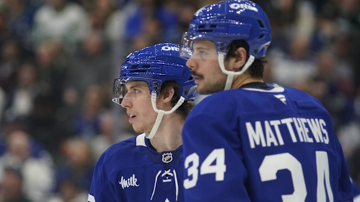 Mar 19, 2025; Toronto, Ontario, CAN; Toronto Maple Leafs forward Mitch Marner (16) and Toronto Maple Leafs forward Auston Matthews (34) during a break in the action against the Colorado Avalanche at Scotiabank Arena. Mandatory Credit: John E. Sokolowski-Imagn Images