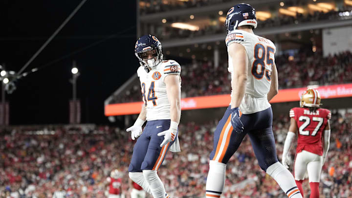 Dec 28, 2025; Santa Clara, California, USA; Chicago Bears tight end Colston Loveland (84) celebrates after scoring a touchdown against the San Francisco 49ers in the first half at Levi's Stadium. Mandatory Credit: Kyle Terada-Imagn Images