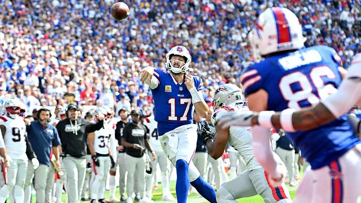 Oct. 4, 2026; Orchard Park, New York, USA; Buffalo Bills' quarterback Josh Allen (17) throws a pass during the second quarter against the New England Patriots at Highmark Stadium. Oct. 4, 2026; Orchard Park, New York, USA; Buffalo Bills' quarterback Josh Allen (17) throws a pass during the second quarter against the New England Patriots at Highmark Stadium.