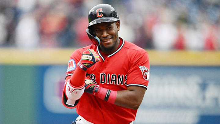 Apr 21, 2026; Cleveland, Ohio, USA; Cleveland Guardians left fielder Angel Martinez (1) rounds the bases after hitting a home run during the second inning against the Houston Astros at Progressive Field. Mandatory Credit: Ken Blaze-Imagn Images