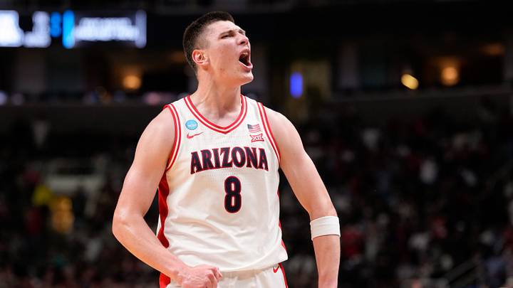 Mar 28, 2026; San Jose, CA, USA; Arizona Wildcats forward Ivan Kharchenkov (8) celebrates in the second half against the Purdue Boilermakers during an Elite Eight game of the West Regional of the men's 2026 NCAA Tournament at SAP Center. Mandatory Credit: Kyle Terada-Imagn Images Mar 28, 2026; San Jose, CA, USA; Arizona Wildcats forward Ivan Kharchenkov (8) celebrates in the second half against the Purdue Boilermakers during an Elite Eight game of the West Regional of the men's 2026 NCAA Tournament at SAP Center. Mandatory Credit: Kyle Terada-Imagn Images