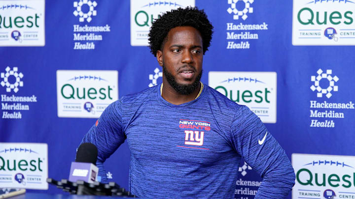New York Giants assistant general manager Brandon Brown talks to reporters after the first day of mandatory minicamp at the Giants training center in East Rutherford on Tuesday, June 13, 2023.