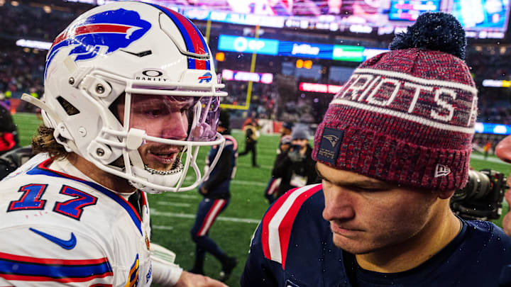 Buffalo Bills quarterback Josh Allen and New England Patriots quarterback Drake Maye will battle it our for the AFC East division title in 2026. Buffalo Bills quarterback Josh Allen and New England Patriots quarterback Drake Maye will battle it our for the AFC East division title in 2026.