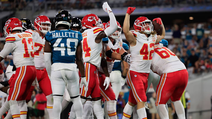 Kansas City Chiefs running back Carson Steele (42) flexes after scoring a touchdown during the second quarter of a preseason NFL football game Saturday, Aug. 10, 2024 at EverBank Stadium in Jacksonville, Fla. [Corey Perrine/Florida Times-Union]