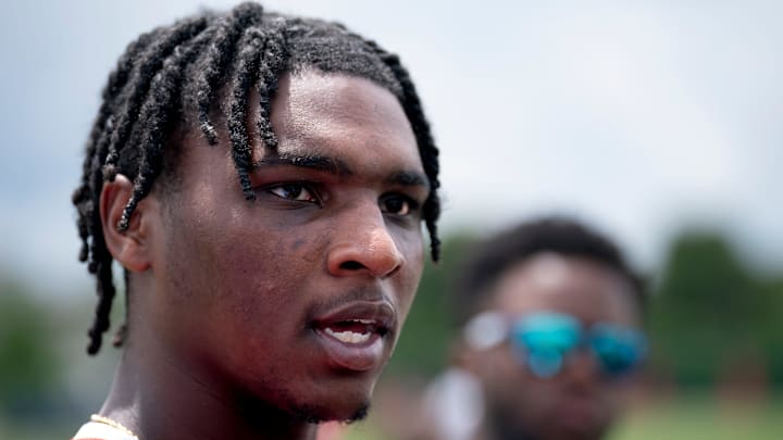 Tennessee Titans quarterback Cam Ward (1) speaks with the media during OTAs at Ascension Saint Thomas Sports Park in Nashville, Tenn., Wednesday, May 28, 2025.