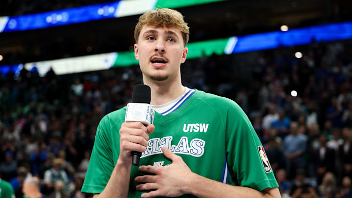 Apr 12, 2026; Dallas, Texas, USA;  Dallas Mavericks forward Cooper Flagg (32) speaks to the crowd before the game against the Chicago Bulls at American Airlines Center. Mandatory Credit: Kevin Jairaj-Imagn Images