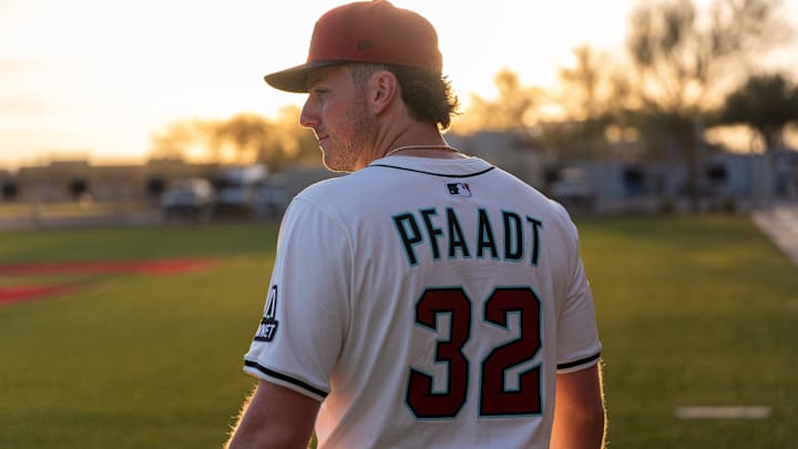 Feb 19, 2025; Scottsdale, AZ, USA; Arizona Diamondbacks pitcher Brandon Pfaadt (32) poses for a portrait for MLB Media Day at Salt River Fields.  Mandatory Credit: Allan Henry-Imagn Images
