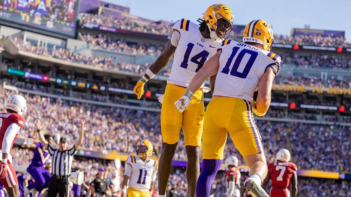 Trey'Dez Green and Bauer Sharp celebrate a touchdown in a 2025 game for LSU Trey'Dez Green and Bauer Sharp celebrate a touchdown in a 2025 game for LSU