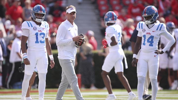 Oct 18, 2025; Athens, Georgia, USA; Mississippi Rebels head coach Lane Kiffin prior to the game against the Georgia Bulldogs at Sanford Stadium. Mandatory Credit: Brett Davis-Imagn Images