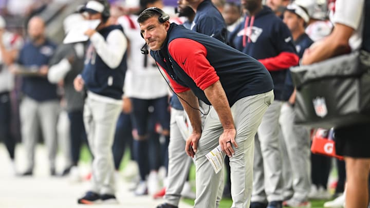 Aug 16, 2025; Minneapolis, Minnesota, USA; New England Patriots head coach Mike Vrabel looks on during the second quarter against the Minnesota Vikings at U.S. Bank Stadium. Mandatory Credit: Jeffrey Becker-Imagn Images