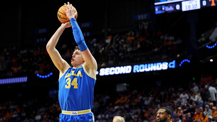 Mar 22, 2025; Lexington, KY, USA; Bruins forward Tyler Bilodeau (34) shoots the ball during the second half against the Tennessee Volunteers in the second round of the NCAA Tournament at Rupp Arena. Mandatory Credit: Jordan Prather-Imagn Images