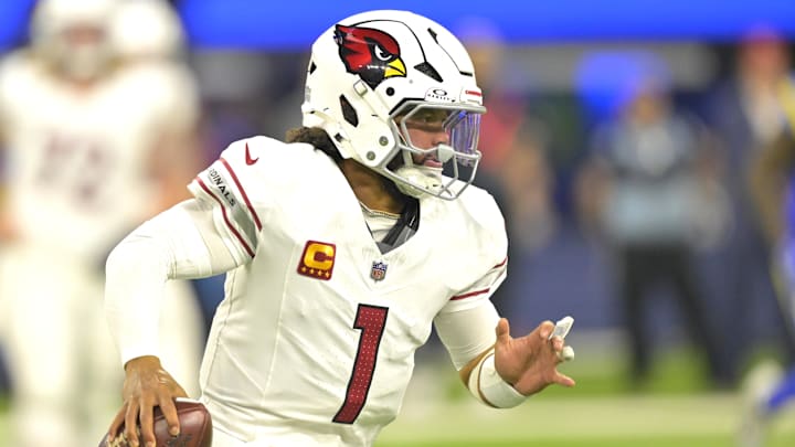 Dec 28, 2024; Inglewood, California, USA;  Arizona Cardinals quarterback Kyler Murray (1) sets to pass in the first half against the Los Angeles Rams at SoFi Stadium. Mandatory Credit: Jayne Kamin-Oncea-Imagn Images