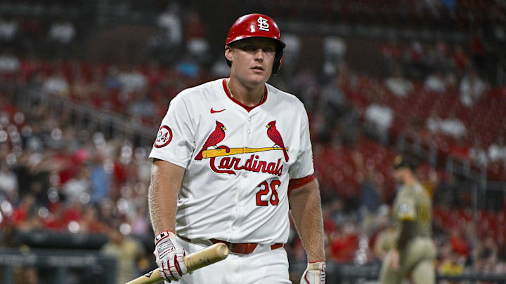 Aug 27, 2024; St. Louis, Missouri, USA;  St. Louis Cardinals designated hitter Luken Baker (26) walks back to the dugout after striking out against the San Diego Padres during the eighth inning at Busch Stadium. Mandatory Credit: Jeff Curry-Imagn Images