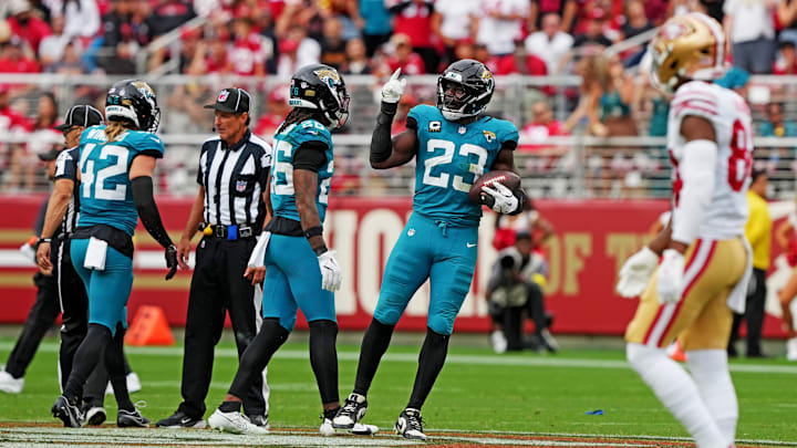 Sep 28, 2025; Santa Clara, California, USA; Jacksonville Jaguars linebacker Foyesade Oluokun (23) reacts after recovering a fumble during the second half against the San Francisco 49ers at Levi's Stadium. Mandatory Credit: Darren Yamashita-Imagn Images