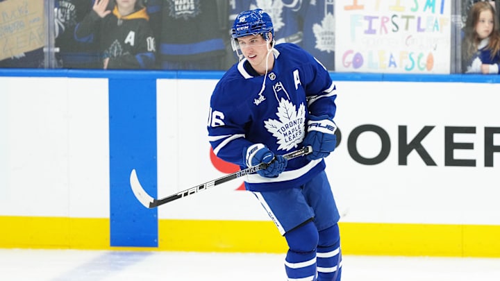 Apr 5, 2025; Toronto, Ontario, CAN; Toronto Maple Leafs right wing Mitch Marner (16) skates during the warmup before game against the Columbus Blue Jackets at Scotiabank Arena. Mandatory Credit: Nick Turchiaro-Imagn Images Apr 5, 2025; Toronto, Ontario, CAN; Toronto Maple Leafs right wing Mitch Marner (16) skates during the warmup before game against the Columbus Blue Jackets at Scotiabank Arena. Mandatory Credit: Nick Turchiaro-Imagn Images