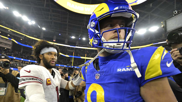 Dec 28, 2024; Inglewood, California, USA;  Arizona Cardinals quarterback Kyler Murray (1) and Los Angeles Rams quarterback Matthew Stafford (9) shake hands following the game at SoFi Stadium. Mandatory Credit: Jayne Kamin-Oncea-Imagn Images