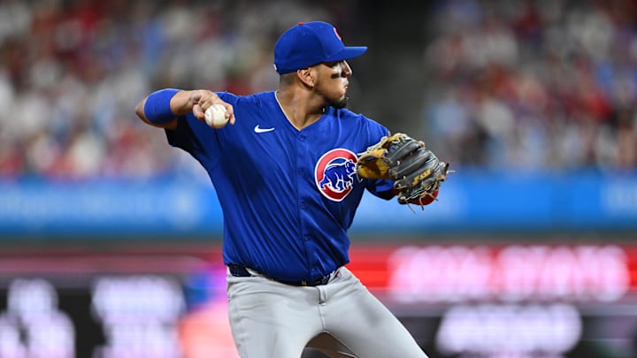 Sep 25, 2024; Philadelphia, Pennsylvania, USA; Chicago Cubs infielder Isaac Paredes (17) throws to first against the Philadelphia Phillies in the fourth inning at Citizens Bank Park. 