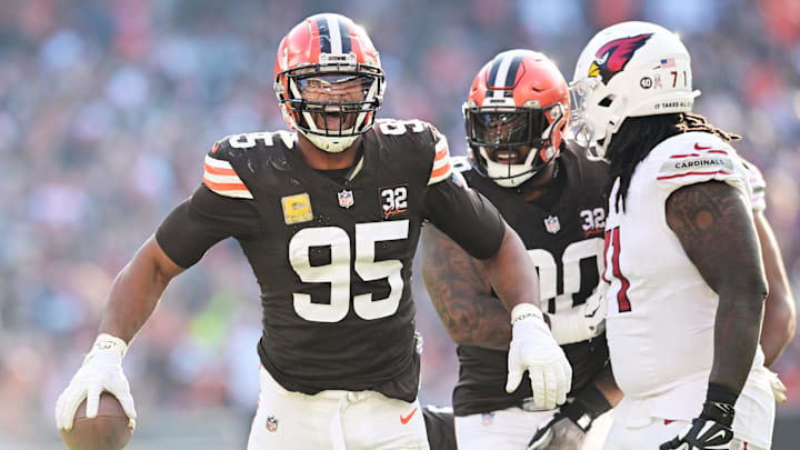 Nov 5, 2023; Cleveland, Ohio, USA; Cleveland Browns defensive end Myles Garrett (95) celebrates