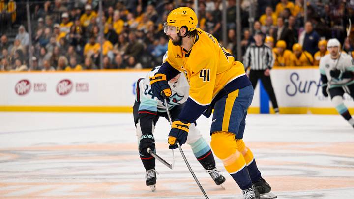 Mar 19, 2026; Nashville, Tennessee, USA; Nashville Predators defenseman Nicolas Hague (41) skates with the puck against the Seattle Kraken during the second period at Bridgestone Arena. Mandatory Credit: Steve Roberts-Imagn Images Mar 19, 2026; Nashville, Tennessee, USA; Nashville Predators defenseman Nicolas Hague (41) skates with the puck against the Seattle Kraken during the second period at Bridgestone Arena. Mandatory Credit: Steve Roberts-Imagn Images