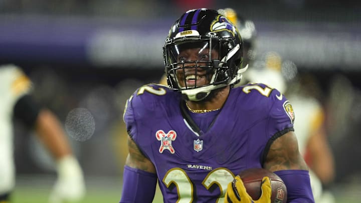 Dec 21, 2024; Baltimore, Maryland, USA; Baltimore Ravens running back Derrick Henry (22) runs for a gain against the Pittsburgh Steelers in the fourth quarter at M&T Bank Stadium. Mandatory Credit: Mitch Stringer-Imagn Images Dec 21, 2024; Baltimore, Maryland, USA; Baltimore Ravens running back Derrick Henry (22) runs for a gain against the Pittsburgh Steelers in the fourth quarter at M&T Bank Stadium. Mandatory Credit: Mitch Stringer-Imagn Images