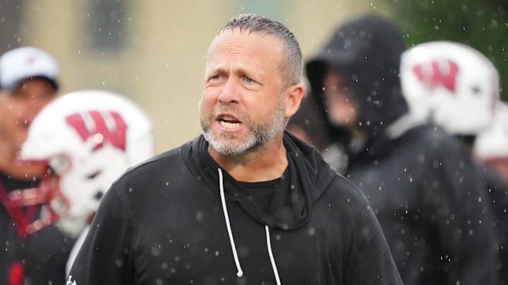 Wisconsin football outside linebackers/special teams coach Matt Mitchell observes practice Wednesday, July 30, 2025, at Ralph E. Davis Pioneer Stadium in Platteville, Wisconsin.