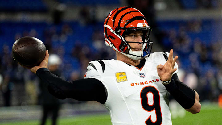 Cincinnati Bengals quarterback Joe Burrow (9) warms up before the NFL game between the Cincinnati Bengals and the Baltimore Ravens at M&T Banks Stadium in Baltimore on Thursday, Nov. 7, 2024.