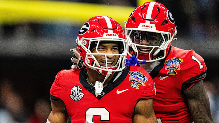 Georgia defensive back Daylen Everette (6) celebrates with Georgia defensive back Ellis Robinson IV (1) after returning a fumble for a touchdown during the Sugar Bowl and College Football Playoff quarterfinals at Caesars Superdome in New Orleans, La., on Thursday, Jan. 1, 2026. Ole Miss defeated Georgia 39-34.