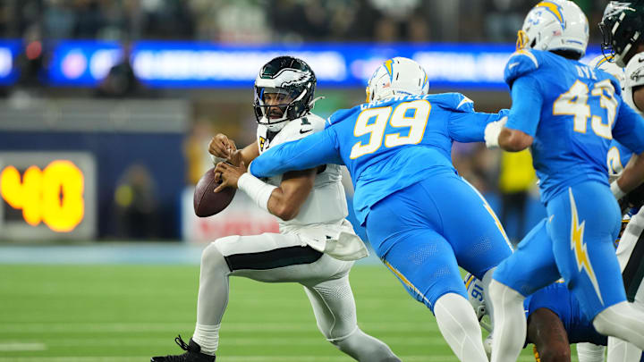 Jalen Hurts committed two turnovers on a single play during Monday’s road game against the Chargers. Jalen Hurts committed two turnovers on a single play during Monday’s road game against the Chargers.