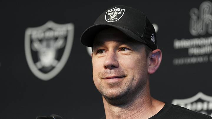 May 20, 2026; Henderson, NV, USA; Las Vegas Raiders head coach Klint Kubiak speaks during a news conference during organized team activities at Intermountain Health Performance Center. Mandatory Credit: Candice Ward-Imagn Images