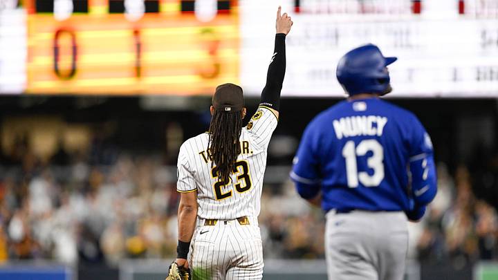 May 18, 2026; San Diego, California, USA; San Diego Padres second baseman Fernando Tatis Jr. (23) celebrates after center fielder Jackson Merrill (3) made a catch on a ball hit by Los Angeles Dodgers third baseman Max Muncy (13) during the seventh inning at Petco Park. Mandatory Credit: Denis Poroy-Imagn Images May 18, 2026; San Diego, California, USA; San Diego Padres second baseman Fernando Tatis Jr. (23) celebrates after center fielder Jackson Merrill (3) made a catch on a ball hit by Los Angeles Dodgers third baseman Max Muncy (13) during the seventh inning at Petco Park. Mandatory Credit: Denis Poroy-Imagn Images