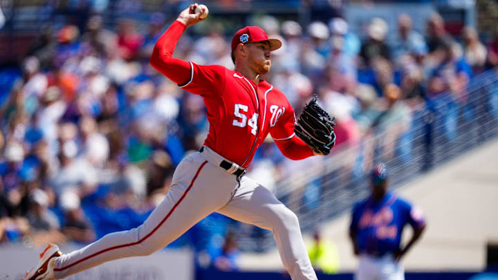 Mar 14, 2023; Port St. Lucie, Florida, USA; Washington Nationals starting pitcher Cade Cavalli (54) throws a pitch against the New York Mets during the first inning at Clover Park. 