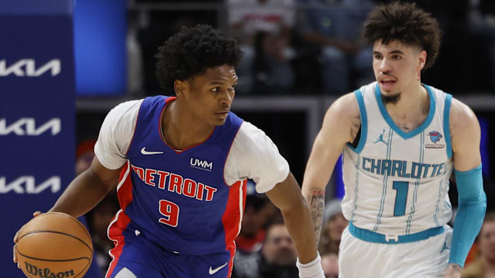 Jan 24, 2024; Detroit, Michigan, USA;  Detroit Pistons forward Ausar Thompson (9) dribbles 