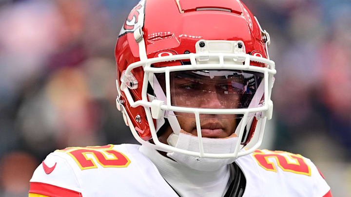 Dec 17, 2023; Foxborough, Massachusetts, USA; Kansas City Chiefs cornerback Trent McDuffie (22) warms up before a game against the New England Patriots at Gillette Stadium. Mandatory Credit: Eric Canha-Imagn Images