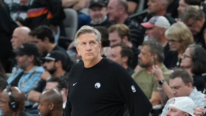 May 6, 2026; San Antonio, Texas, USA; Minnesota Timberwolves head coach Chris Finch looks over in the second half against the San Antonio Spurs during game two of the second round of the 2026 NBA Playoffs at Frost Bank Center. Mandatory Credit: Daniel Dunn-Imagn Images