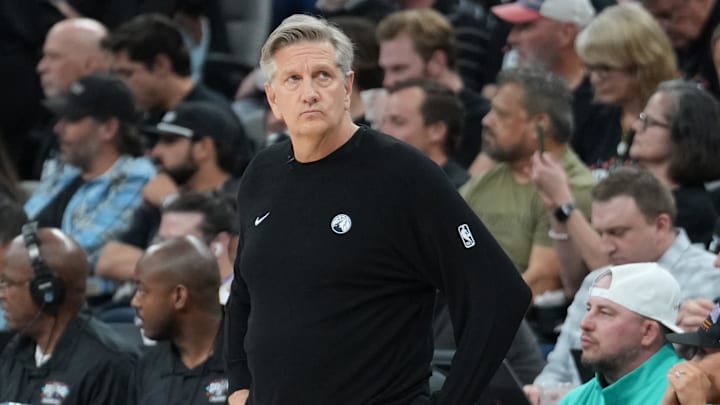May 6, 2026; San Antonio, Texas, USA; Minnesota Timberwolves head coach Chris Finch looks over in the second half against the San Antonio Spurs during game two of the second round of the 2026 NBA Playoffs at Frost Bank Center. Mandatory Credit: Daniel Dunn-Imagn Images
