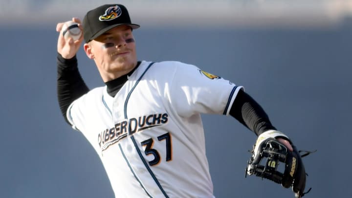 Cleveland Guardians top prospect Travis Bazzana warms up before the start of Akron RubberDucks home opener against Altoona Curve. Tuesday, April 08, 2025.