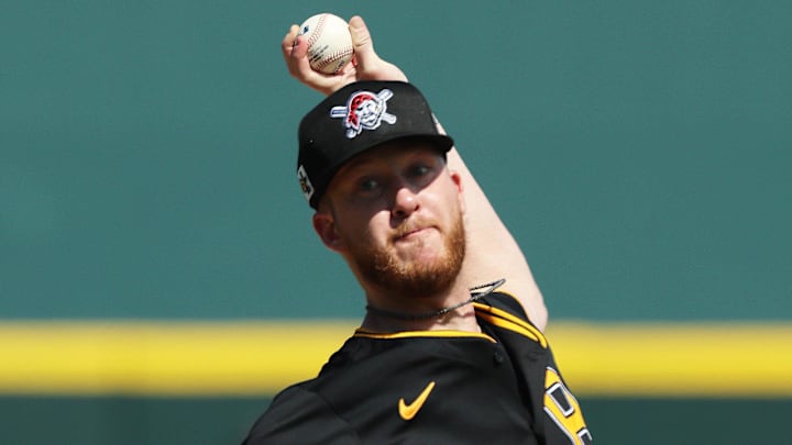 Feb 26, 2025; Bradenton, Florida, USA; Pittsburgh Pirates starting pitcher Bailey Falter (6) throws a pitch against the Baltimore Orioles at LECOM Park. Mandatory Credit: Kim Klement Neitzel-Imagn Images