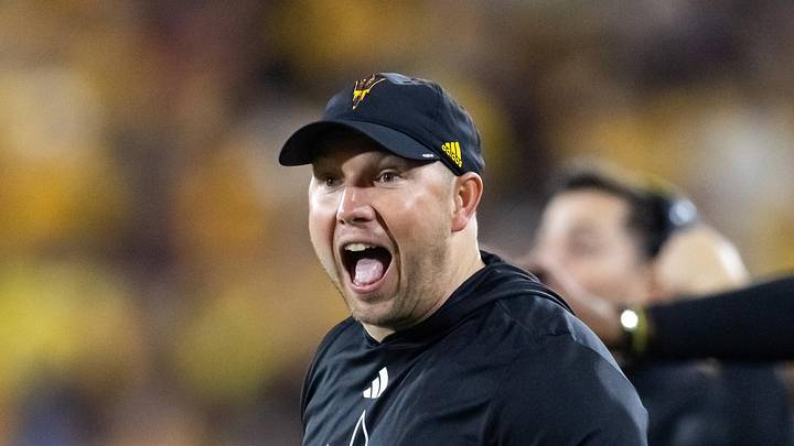 Nov 28, 2025; Tempe, Arizona, USA; Arizona State Sun Devils head coach Kenny Dillingham reacts against the Arizona Wildcats during the 99th Territorial Cup at Mountain America Stadium. Mandatory Credit: Mark J. Rebilas-Imagn Images