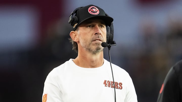 Jan 5, 2025; Glendale, Arizona, USA; San Francisco 49ers head coach Kyle Shanahan against the Arizona Cardinals at State Farm Stadium. Mandatory Credit: Mark J. Rebilas-Imagn Images