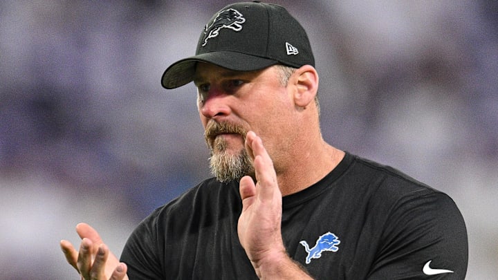 Dec 24, 2023; Minneapolis, Minnesota, USA; Detroit Lions head coach Dan Campbell reacts before the game against the Minnesota Vikings at U.S. Bank Stadium.