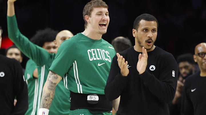 Jan 15, 2026; Miami, Florida, USA; Boston Celtics head coach Joe Mazzulla reacts against the Miami Heat during the second half at Kaseya Center. Mandatory Credit: Rhona Wise-Imagn Images