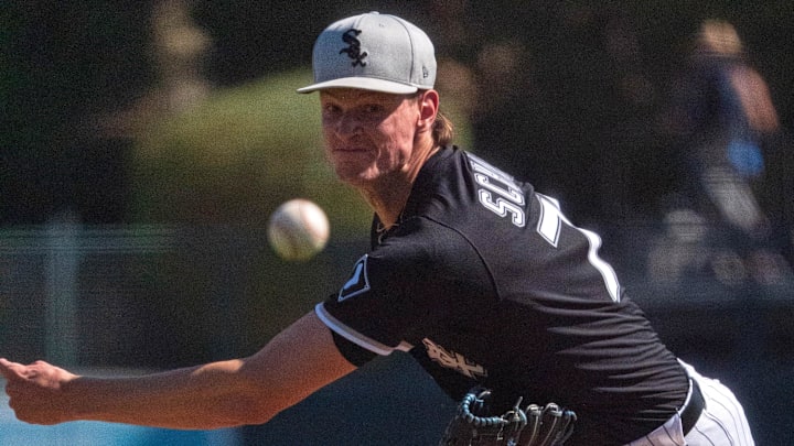 Chicago White Sox pitcher Noah Schultz (76) throws during a spring training game against the San Diego Padres at Camelback Ranch. 