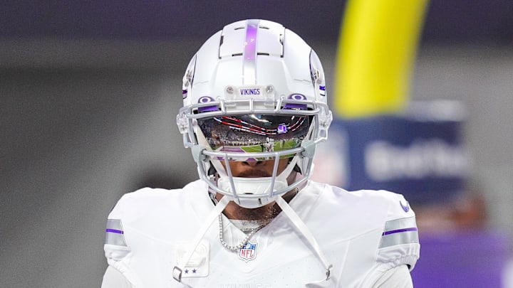 Dec 16, 2024; Minneapolis, Minnesota, USA; Minnesota Vikings wide receiver Justin Jefferson (18) warms up before the game against the Chicago Bears at U.S. Bank Stadium. Dec 16, 2024; Minneapolis, Minnesota, USA; Minnesota Vikings wide receiver Justin Jefferson (18) warms up before the game against the Chicago Bears at U.S. Bank Stadium.