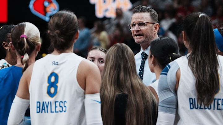Pittsburgh head coach Dan Fisher instructs his team against Louisville during their Final Four match at the KFC Yum! Center in Louisville, Ky. on Dec. 19, 2024.
